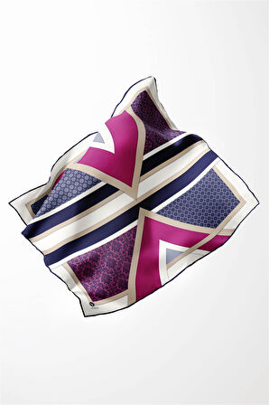 Twill Geometrik Barok Desenli Mürdüm - Lacivert Renkli 90x90 Eşarp (İpek İçermez) Kenar Dikiş Şekli El Dikişli