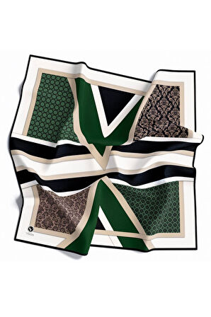 Twill Geometrik Barok Desenli Zümrüt Yeşili - Siyah Renkli 90x90 Eşarp (İpek İçermez) Kenar Dikiş Şekli El Dikişli
