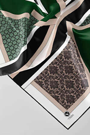 Twill Geometrik Barok Desenli Zümrüt Yeşili - Siyah Renkli 90x90 Eşarp (İpek İçermez) Kenar Dikiş Şekli El Dikişli