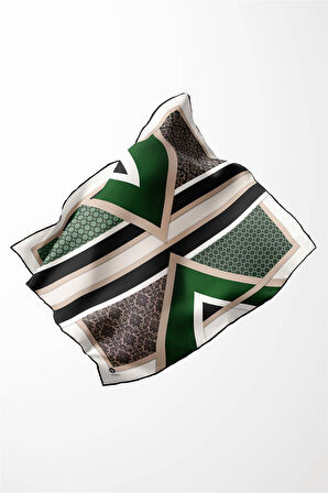 Twill Geometrik Barok Desenli Zümrüt Yeşili - Siyah Renkli 90x90 Eşarp (İpek İçermez) Kenar Dikiş Şekli El Dikişli