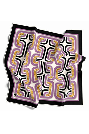 Twill Geometrik Zincir Desenli Lila Renkli 90x90 Eşarp (İpek İçermez) Kenar Dikiş Şekli El Dikişli