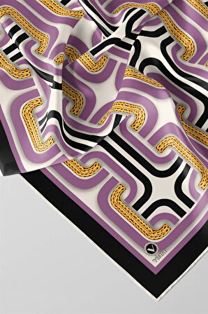 Twill Geometrik Zincir Desenli Lila Renkli 90x90 Eşarp (İpek İçermez) Kenar Dikiş Şekli El Dikişli