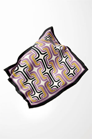 Twill Geometrik Zincir Desenli Lila Renkli 90x90 Eşarp (İpek İçermez) Kenar Dikiş Şekli El Dikişli