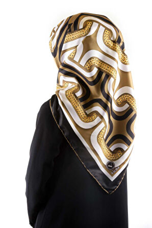 Twill Geometrik Zincir Desenli Vizon Renkli 90x90 Eşarp (İpek İçermez) Kenar Dikiş Şekli El Dikişli