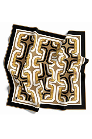 Twill Geometrik Zincir Desenli Vizon Renkli 90x90 Eşarp (İpek İçermez) Kenar Dikiş Şekli El Dikişli