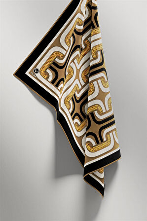 Twill Geometrik Zincir Desenli Vizon Renkli 90x90 Eşarp (İpek İçermez) Kenar Dikiş Şekli El Dikişli