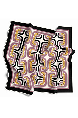 Twill Geometrik Zincir Desenli Pembe Renkli 90x90 Eşarp (İpek İçermez) Kenar Dikiş Şekli El Dikişli