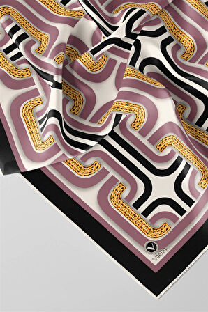 Twill Geometrik Zincir Desenli Pembe Renkli 90x90 Eşarp (İpek İçermez) Kenar Dikiş Şekli El Dikişli