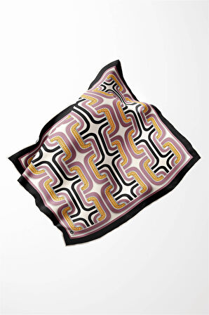 Twill Geometrik Zincir Desenli Pembe Renkli 90x90 Eşarp (İpek İçermez) Kenar Dikiş Şekli El Dikişli