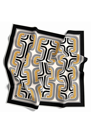 Twill Geometrik Zincir Desenli Gümüş Renkli 90x90 Eşarp (İpek İçermez) Kenar Dikiş Şekli El Dikişli