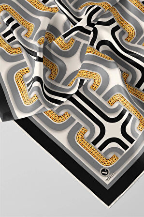Twill Geometrik Zincir Desenli Gümüş Renkli 90x90 Eşarp (İpek İçermez) Kenar Dikiş Şekli El Dikişli