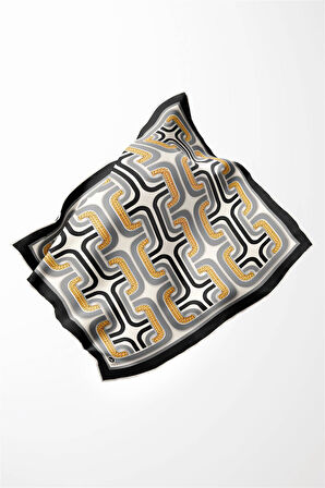 Twill Geometrik Zincir Desenli Gümüş Renkli 90x90 Eşarp (İpek İçermez) Kenar Dikiş Şekli El Dikişli