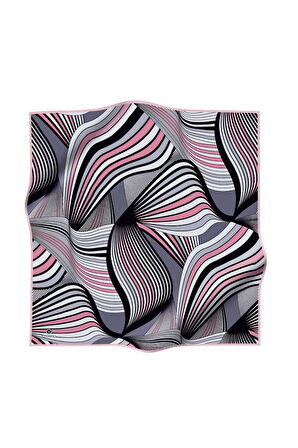 %100 Twill İpek Okyanus Dalgası Desenli Pudra - Gri Renkli 90x90 Eşarp Kenar Dikiş Şekli El Dikişli