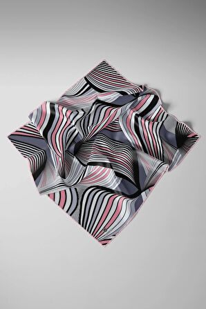 %100 Twill İpek Okyanus Dalgası Desenli Pudra - Gri Renkli 90x90 Eşarp Kenar Dikiş Şekli El Dikişli