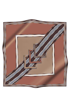 %100 Twill İpek Kareli Kazayaklı Desenli Bakır - Sütlü Kahverengi Renkli 90x90 Eşarp Kenar Dikiş Şekli El Dikişli