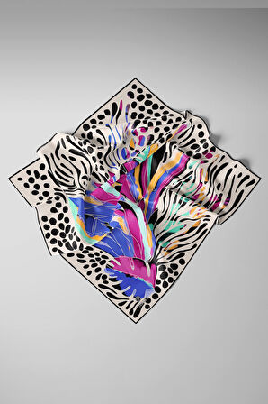 %100 Twill İpek Amazon Desenli Saks - Fuşya Renkli 90x90 Eşarp Kenar Dikiş Şekli El Dikişli