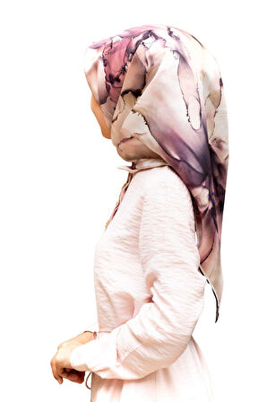 %100 Twill İpek Batik Çiçek Desenli Pudra - Bej Renkli 90x90 Eşarp Kenar Dikiş Şekli El Dikişli