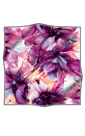 %100 Twill İpek Batik Çiçek Desenli Mürdüm - İndigol Renkli 90x90 Eşarp Kenar Dikiş Şekli El Dikişli