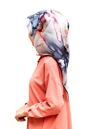 %100 Twill İpek Batik Çiçek Desenli İndigo - Bakır Renkli 90x90 Eşarp Kenar Dikiş Şekli El Dikişli