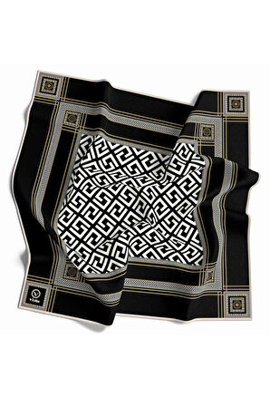 Twill Antik Desenli Siyah Renkli 90x90 Eşarp (İpek İçermez) Kenar Dikiş Şekli El Dikişli