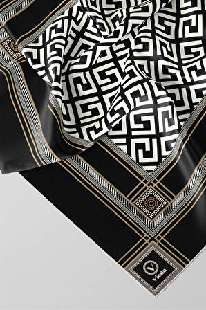 Twill Antik Desenli Siyah Renkli 90x90 Eşarp (İpek İçermez) Kenar Dikiş Şekli El Dikişli
