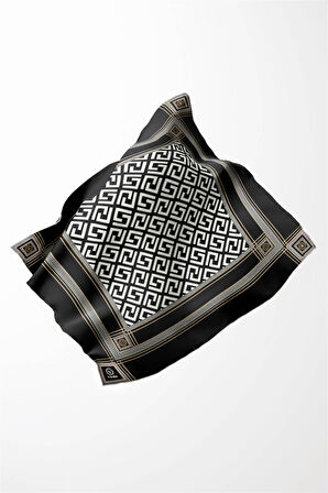 Twill Antik Desenli Siyah Renkli 90x90 Eşarp (İpek İçermez) Kenar Dikiş Şekli El Dikişli
