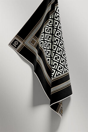Twill Antik Desenli Siyah Renkli 90x90 Eşarp (İpek İçermez) Kenar Dikiş Şekli El Dikişli