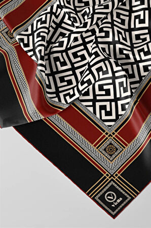 Twill Antik Desenli Bordo Renkli 90x90 Eşarp (İpek İçermez) Kenar Dikiş Şekli El Dikişli