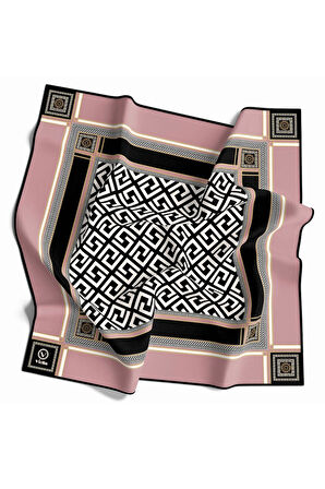 Twill Antik Desenli Pudra Renkli 90x90 Eşarp (İpek İçermez) Kenar Dikiş Şekli El Dikişli