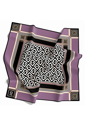 Twill Antik Desenli Lila Renkli 90x90 Eşarp (İpek İçermez) Kenar Dikiş Şekli El Dikişli