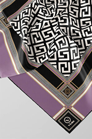 Twill Antik Desenli Lila Renkli 90x90 Eşarp (İpek İçermez) Kenar Dikiş Şekli El Dikişli