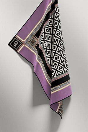 Twill Antik Desenli Lila Renkli 90x90 Eşarp (İpek İçermez) Kenar Dikiş Şekli El Dikişli