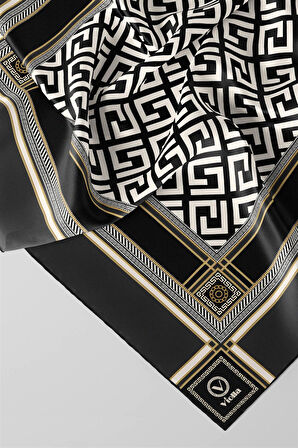 Twill Antik Desenli Füme Renkli 90x90 Eşarp (İpek İçermez) Kenar Dikiş Şekli El Dikişli