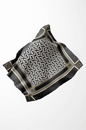 Twill Antik Desenli Füme Renkli 90x90 Eşarp (İpek İçermez) Kenar Dikiş Şekli El Dikişli