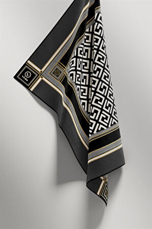 Twill Antik Desenli Füme Renkli 90x90 Eşarp (İpek İçermez) Kenar Dikiş Şekli El Dikişli