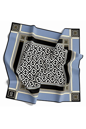 Twill Antik Desenli Bebe Mavisi Renkli 90x90 Eşarp (İpek İçermez) Kenar Dikiş Şekli El Dikişli