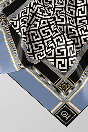 Twill Antik Desenli Bebe Mavisi Renkli 90x90 Eşarp (İpek İçermez) Kenar Dikiş Şekli El Dikişli