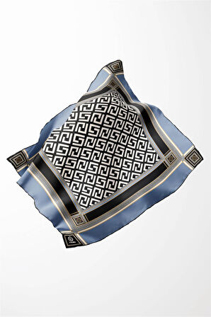 Twill Antik Desenli Bebe Mavisi Renkli 90x90 Eşarp (İpek İçermez) Kenar Dikiş Şekli El Dikişli