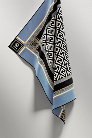 Twill Antik Desenli Bebe Mavisi Renkli 90x90 Eşarp (İpek İçermez) Kenar Dikiş Şekli El Dikişli