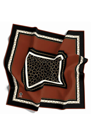 Twill Zincir Desenli Taba Renkli 90x90 Eşarp (İpek İçermez) Kenar Dikiş Şekli El Dikişli