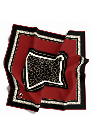 Twill Zincir Desenli Kırmızı Renkli 90x90 Eşarp (İpek İçermez) Kenar Dikiş Şekli El Dikişli