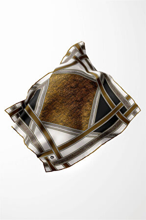 Twill Bordür Taş Desenli Hardal Renkli 90x90 Eşarp (İpek İçermez) Kenar Dikiş Şekli El Dikişli