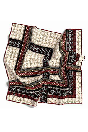Twill Etnik Desenli Bordo Renkli 90x90 Eşarp (İpek İçermez) Kenar Dikiş Şekli El Dikişli