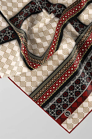 Twill Etnik Desenli Bordo Renkli 90x90 Eşarp (İpek İçermez) Kenar Dikiş Şekli El Dikişli