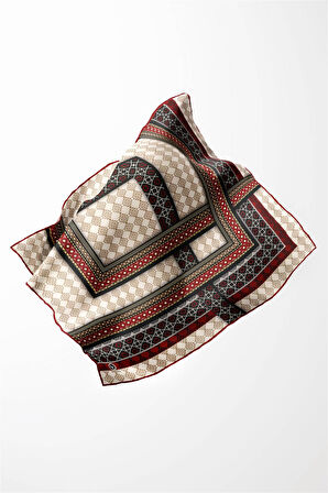 Twill Etnik Desenli Bordo Renkli 90x90 Eşarp (İpek İçermez) Kenar Dikiş Şekli El Dikişli