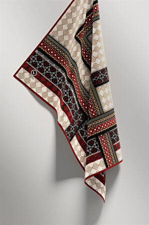Twill Etnik Desenli Bordo Renkli 90x90 Eşarp (İpek İçermez) Kenar Dikiş Şekli El Dikişli