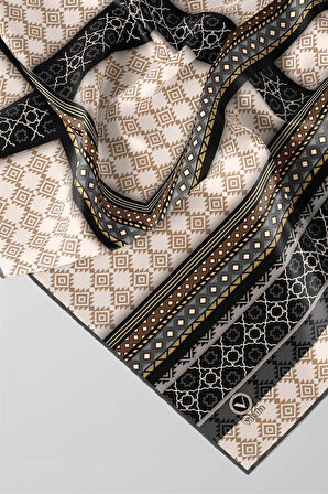 Twill Etnik Desenli Gri Renkli 90x90 Eşarp (İpek İçermez) Kenar Dikiş Şekli El Dikişli