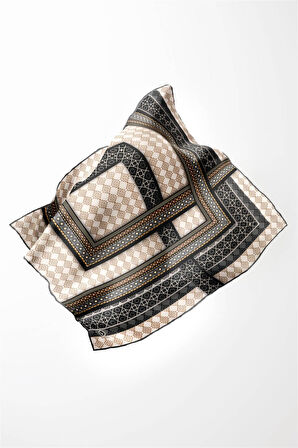 Twill Etnik Desenli Gri Renkli 90x90 Eşarp (İpek İçermez) Kenar Dikiş Şekli El Dikişli