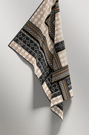 Twill Etnik Desenli Gri Renkli 90x90 Eşarp (İpek İçermez) Kenar Dikiş Şekli El Dikişli