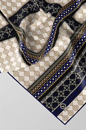 Twill Etnik Desenli Lacivert Renkli 90x90 Eşarp (İpek İçermez) Kenar Dikiş Şekli El Dikişli